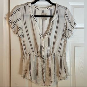 NWT‎ Chaser Women's Size M Short Sleeve Striped V Neck Ivory Beige Peplum Blouse